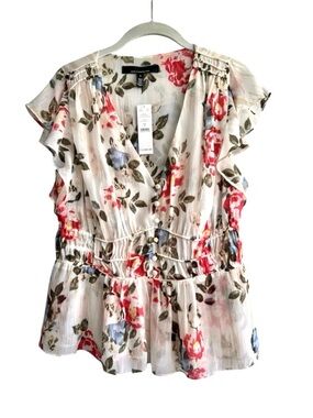 NEW WHBM Flutter Sleeve Blouse Cinched Waist Detail Ikat Floral Blue Pink Size S